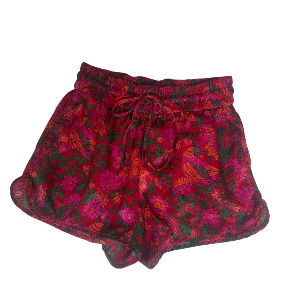Zara TRF Red Floral Bird Print Drawstring Elastic Waist Shorts Small Boho Summer